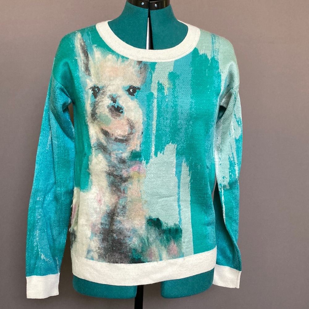 Anthropologie Llama Sweater teal, Artist Series art by Lauren Walcott Small S